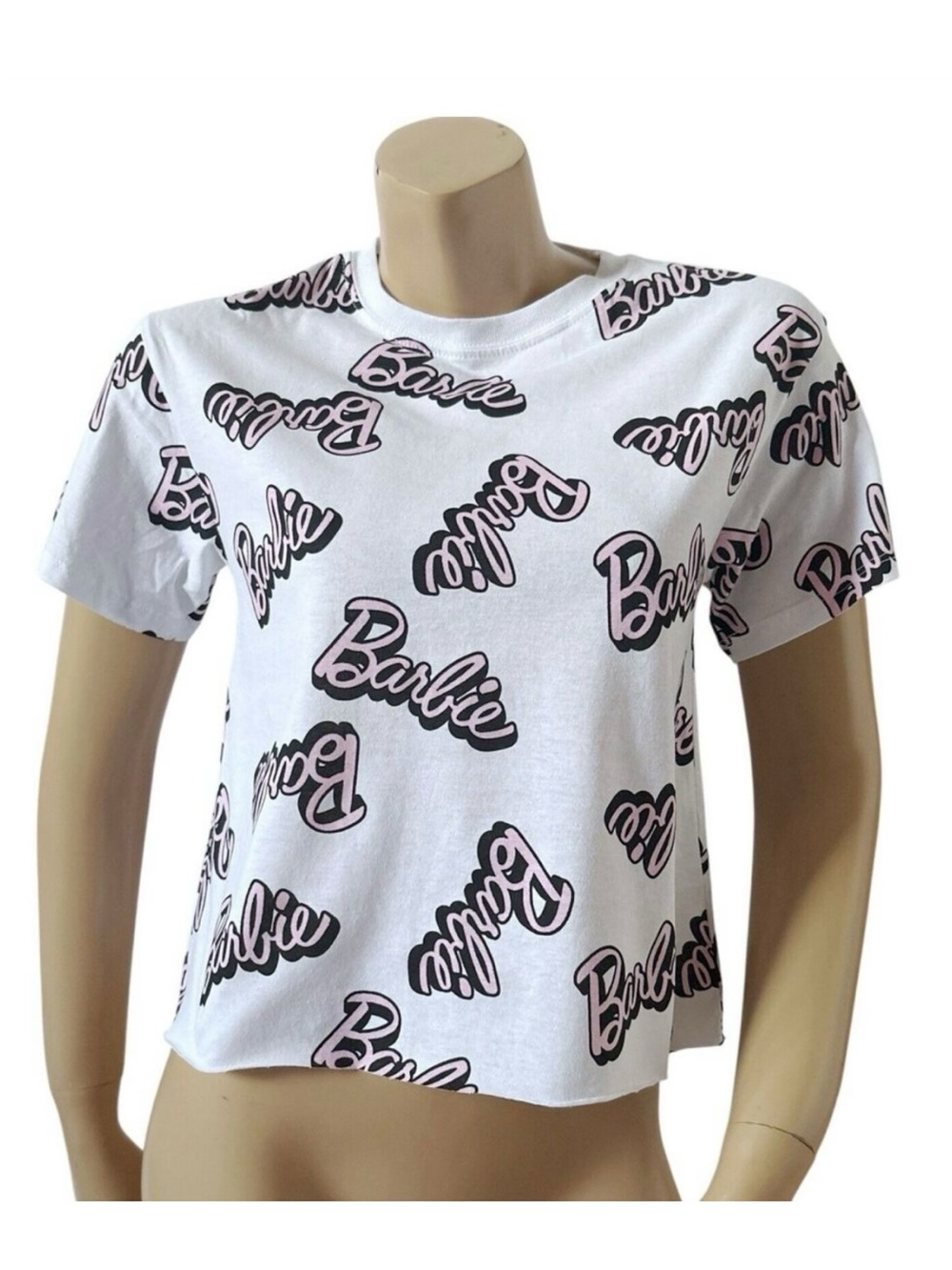 Barbie Mattel T Shirt Womens XS White Pink Logo Print Crop Top Short Sleeve